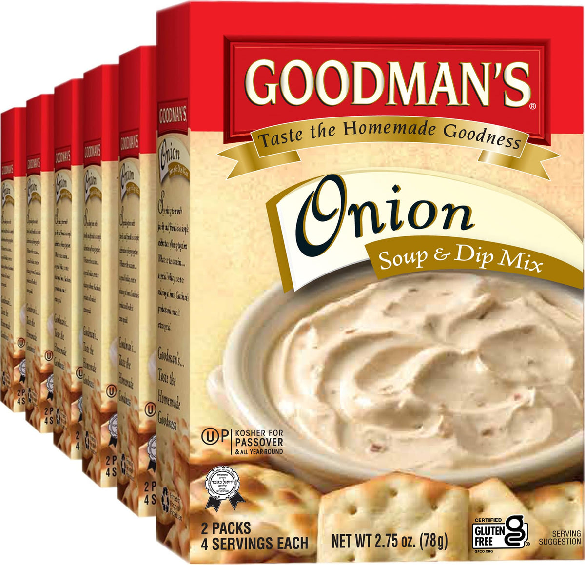 Goodman's Onion Soup & Dip Mix box packaging with two packets for quick flavor boosts