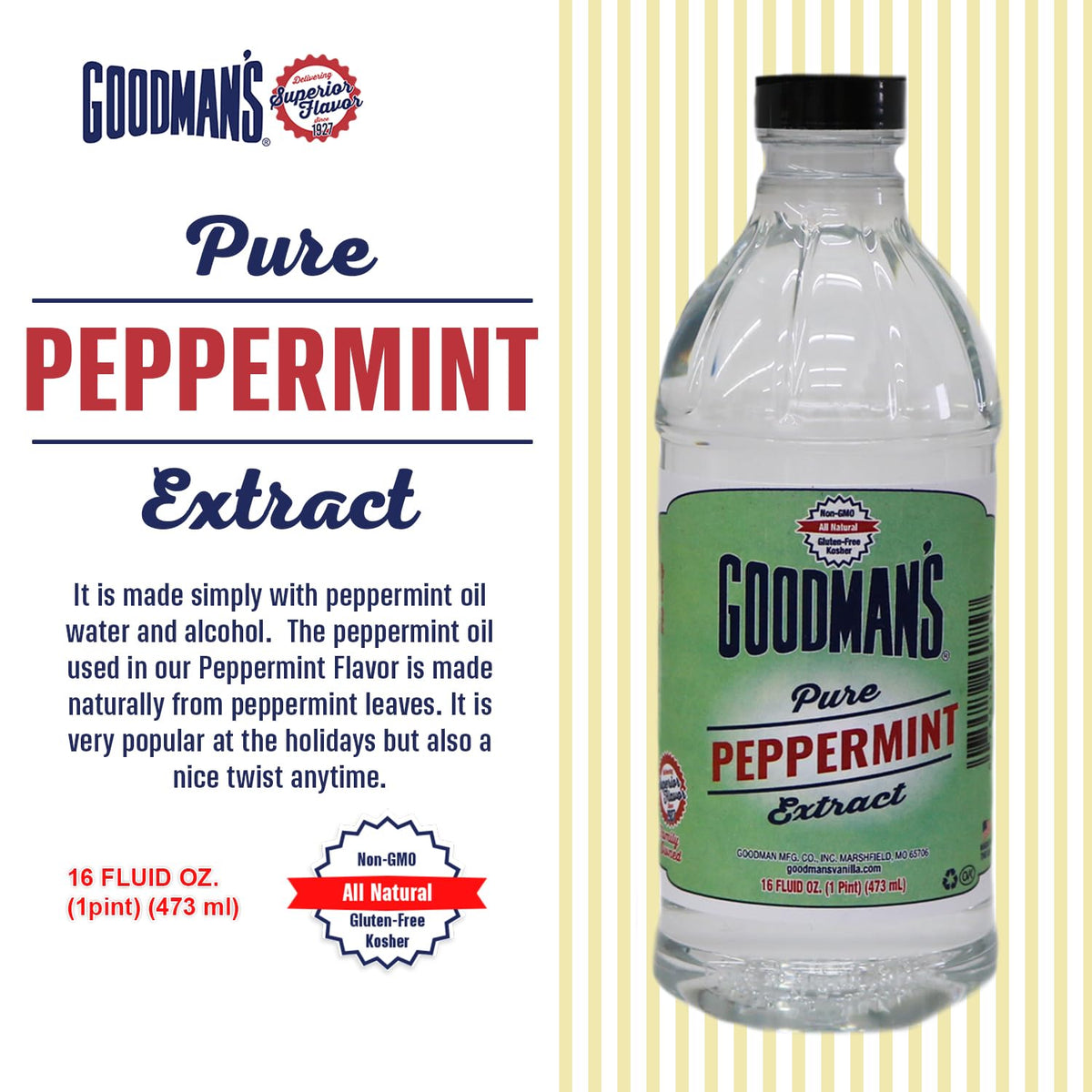 Goodman's Pure Peppermint Extract label emphasizes gluten-free and non-GMO quality