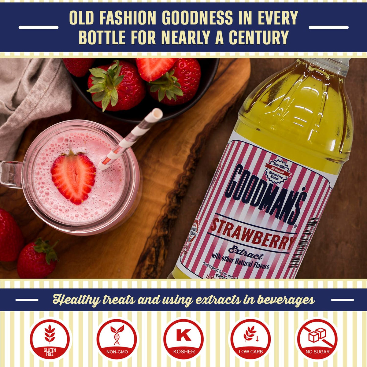 Goodman's Strawberry Extract label close-up signals premium ingredients and quality.