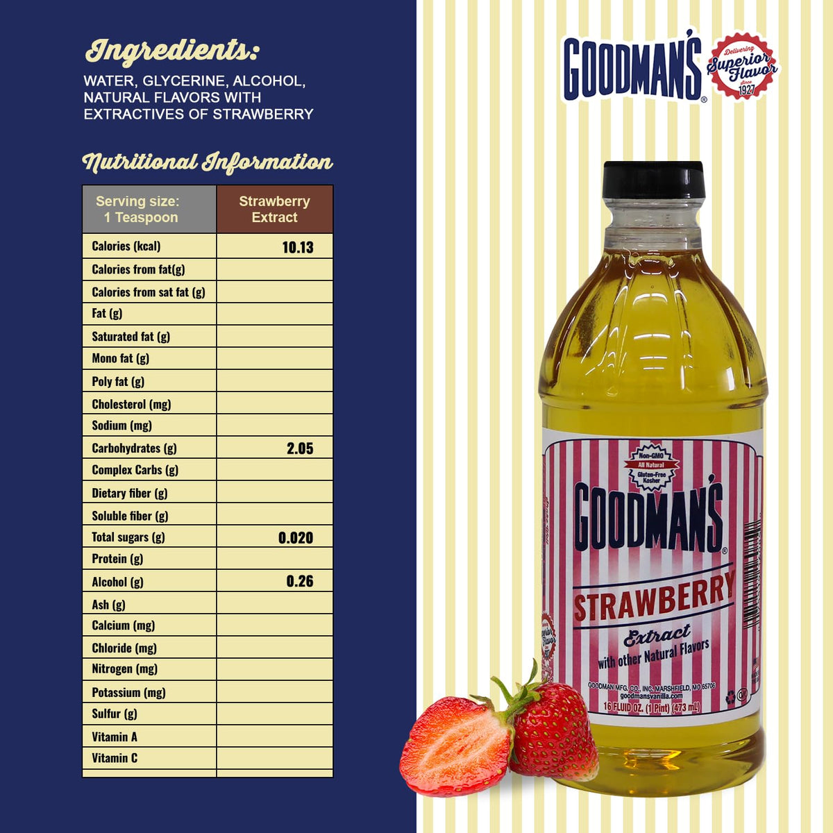 Goodman's Strawberry Extract smoothie close-up highlights bright, natural strawberry notes.