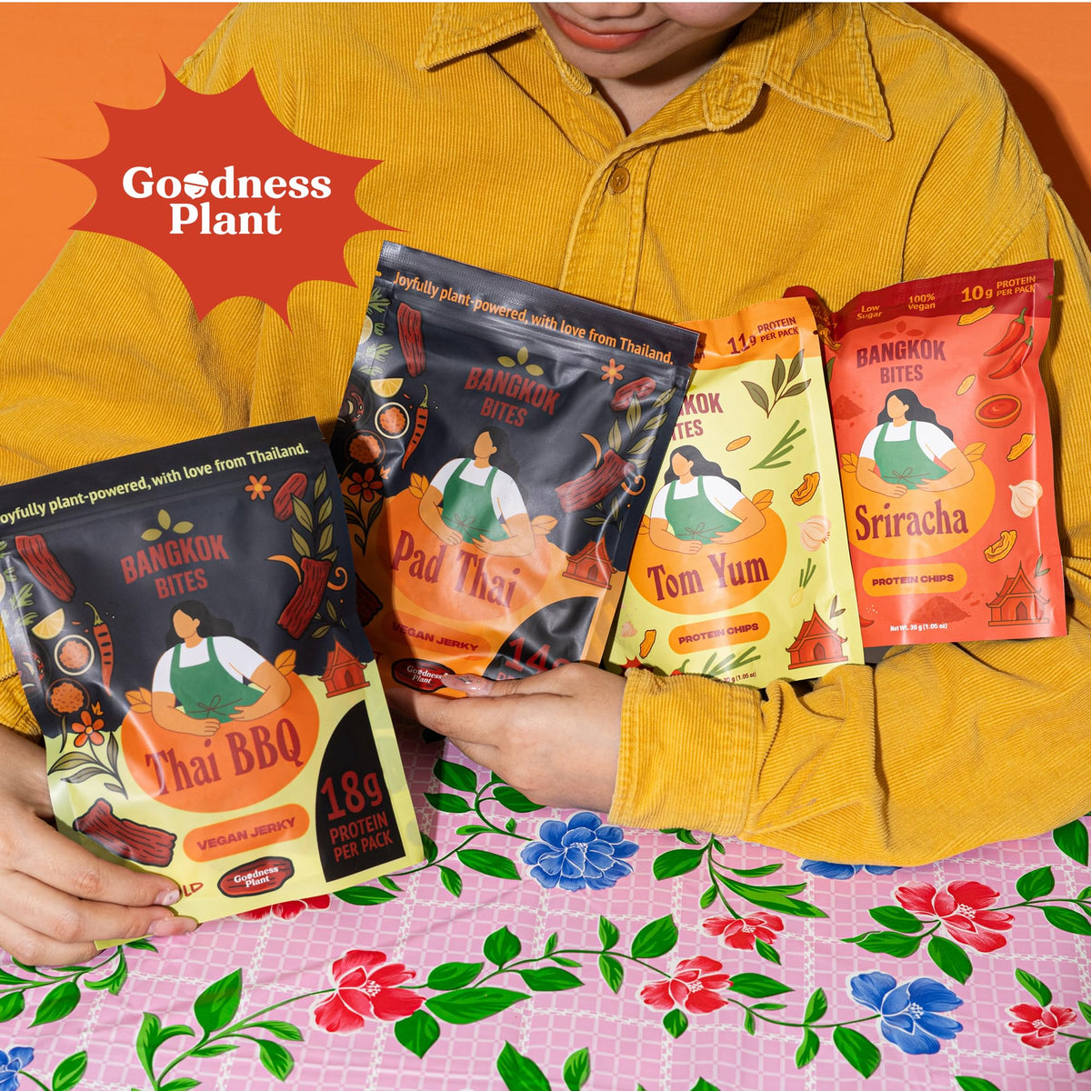 Goodness Plant Bangkok Bites bag close-up shows clear ingredients for mindful snacking