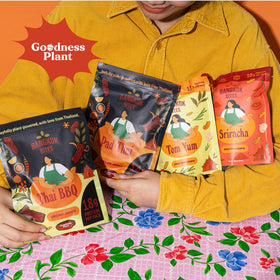 Goodness Plant Bangkok Bites bag close-up shows clear ingredients for mindful snacking