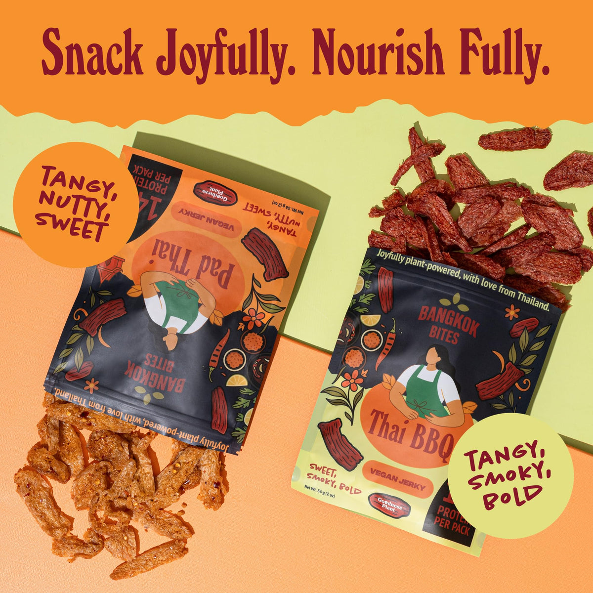 Goodness Plant Bangkok Bites Pad Thai bag highlights plant-based protein for active snacking