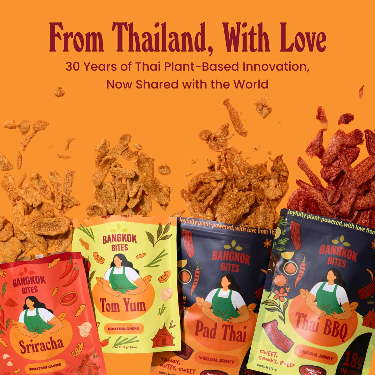 Goodness Plant Bangkok Bites two-pack display on shelf suggests long-lasting pantry snack