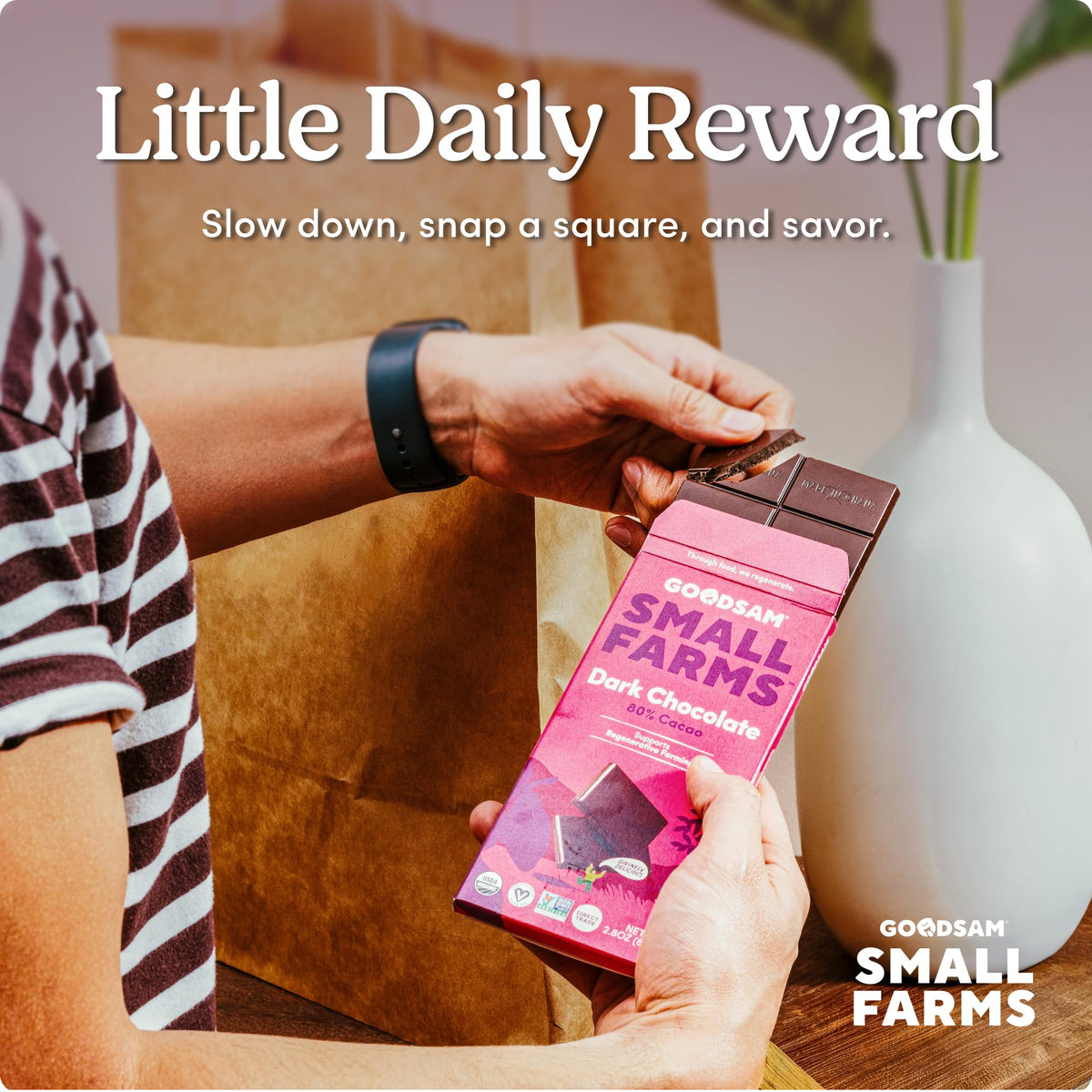 GoodSAM 70% cacao texture highlights smooth, balanced chocolate ideal for mindful snacking.
