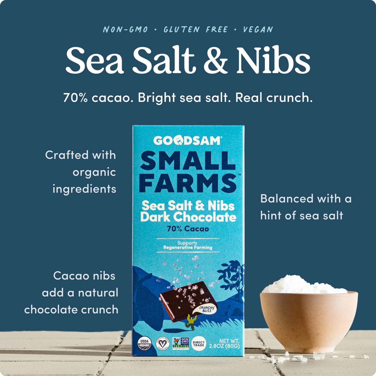 GOODSAM 70% dark chocolate with sea salt nibs close-up highlighting texture