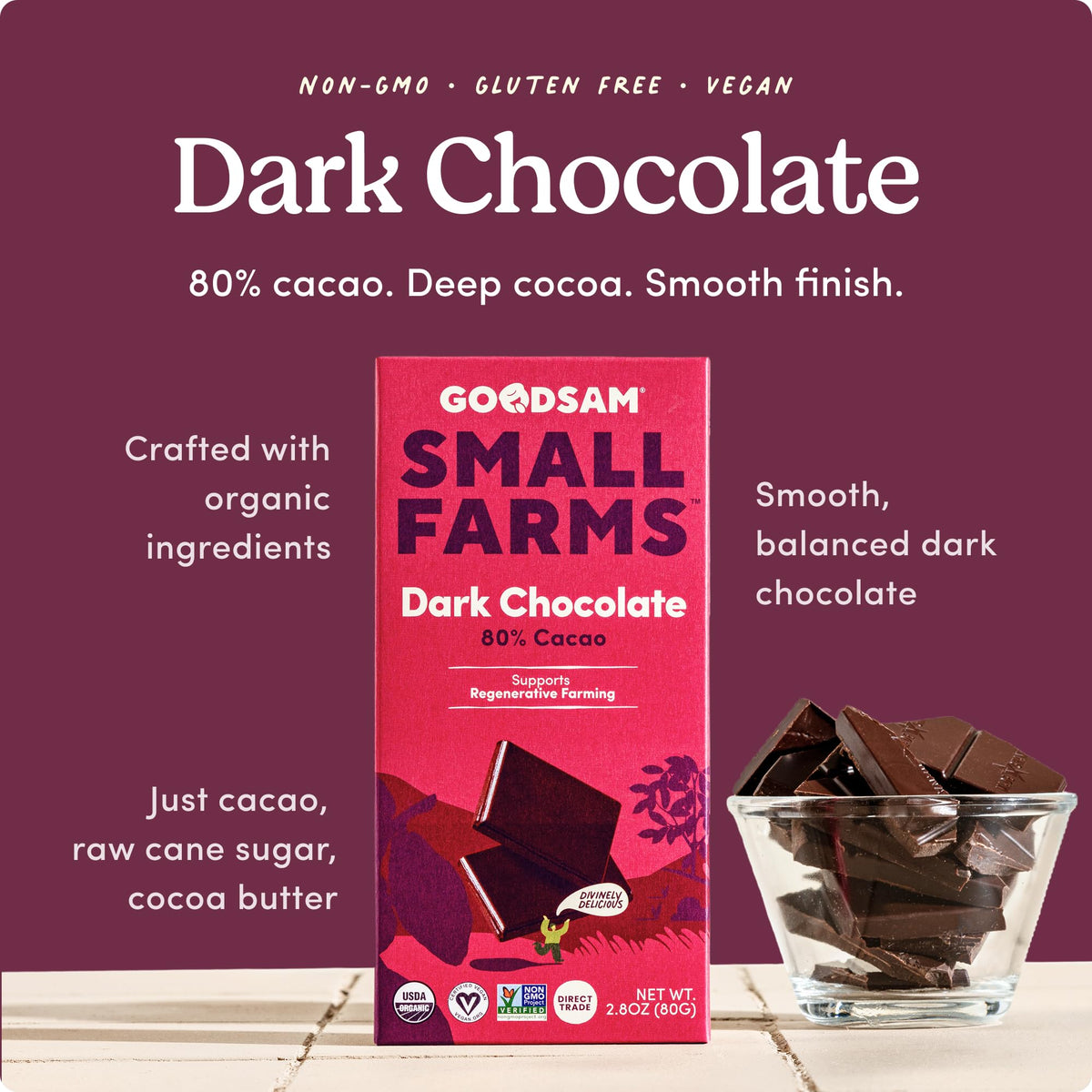 GoodSAM dark-chocolate-bars-closeup reveals glossy surface and rich 70% cacao.