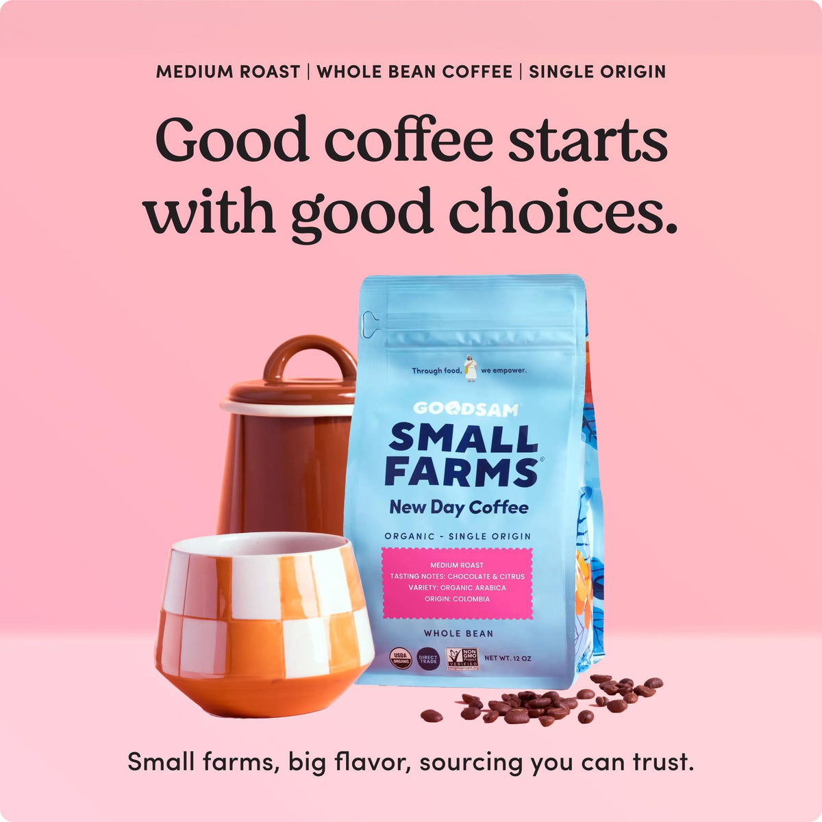 GoodSam New Day whole-bean coffee inside bag keeps flavor peak