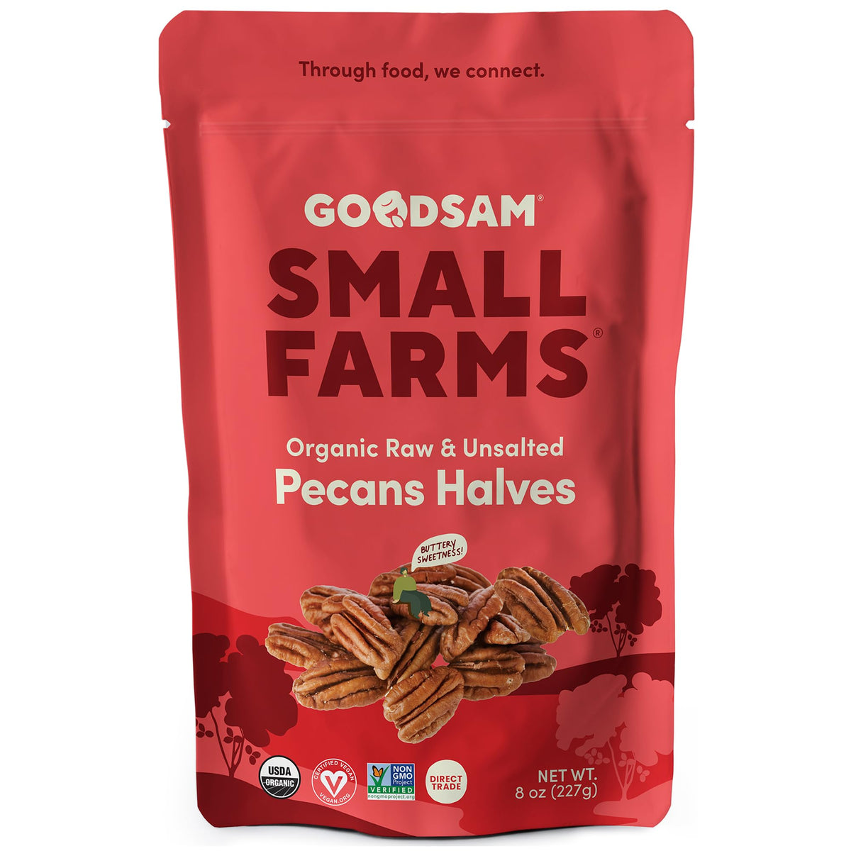 GoodSAM Organic Raw Pecan Halves 8 oz pack for snacking and baking.