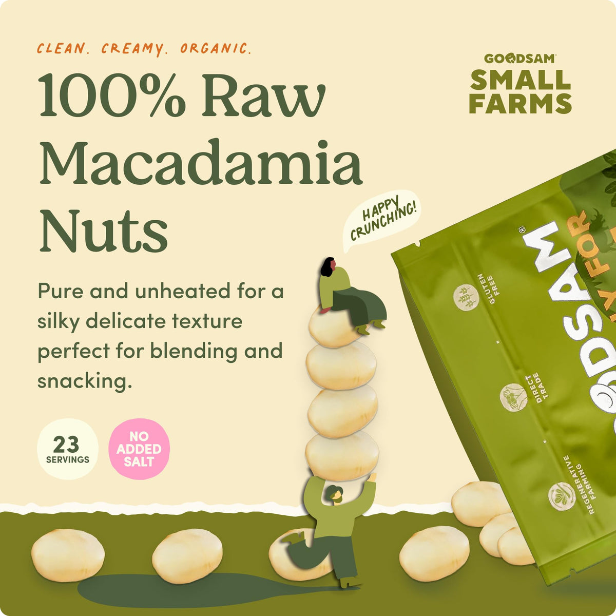 GoodSAM macadamia nuts bag closeup confirms organic quality and clean ingredients
