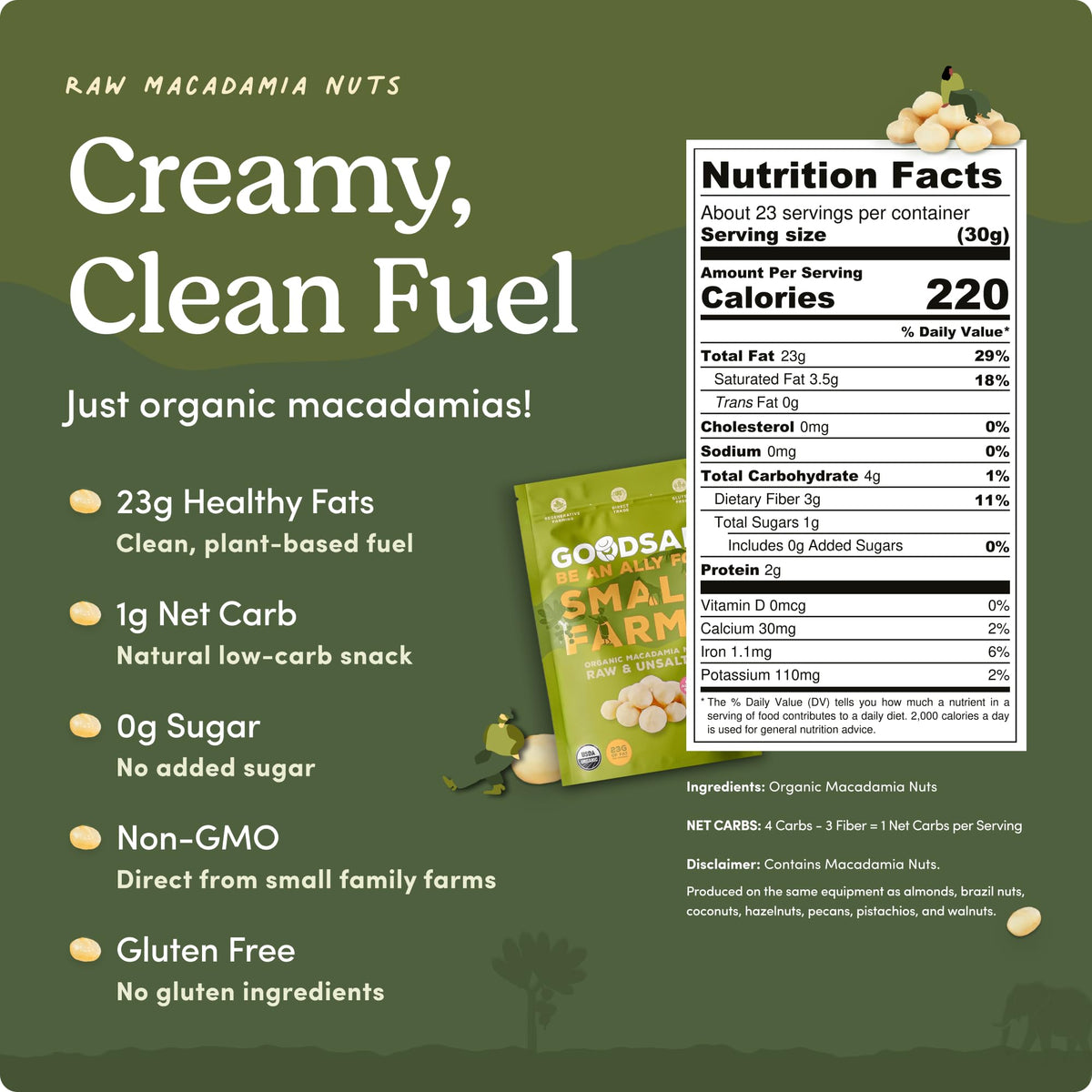 GoodSAM macadamia nuts ingredient-label closeup reinforces non GMO clean promise