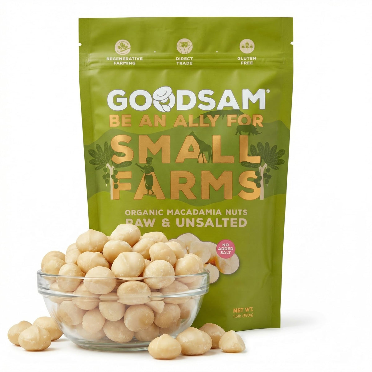 GoodSAM macadamia nuts pack shot shows pure, additive-free ingredients