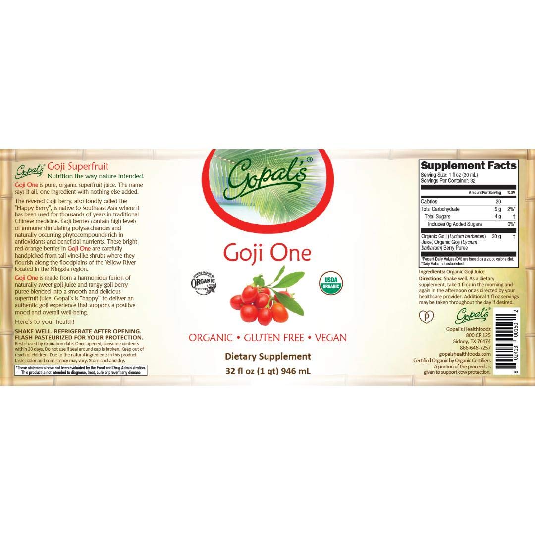 Gopal's Goji One glass bottle close-up highlights premium packaging.