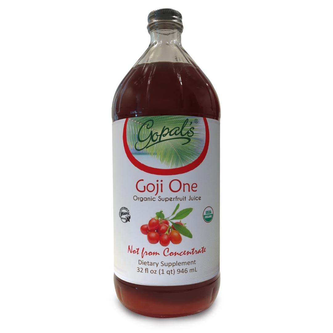 Gopal's Goji One organic juice bottle shows pure goji goodness for daily refreshment.