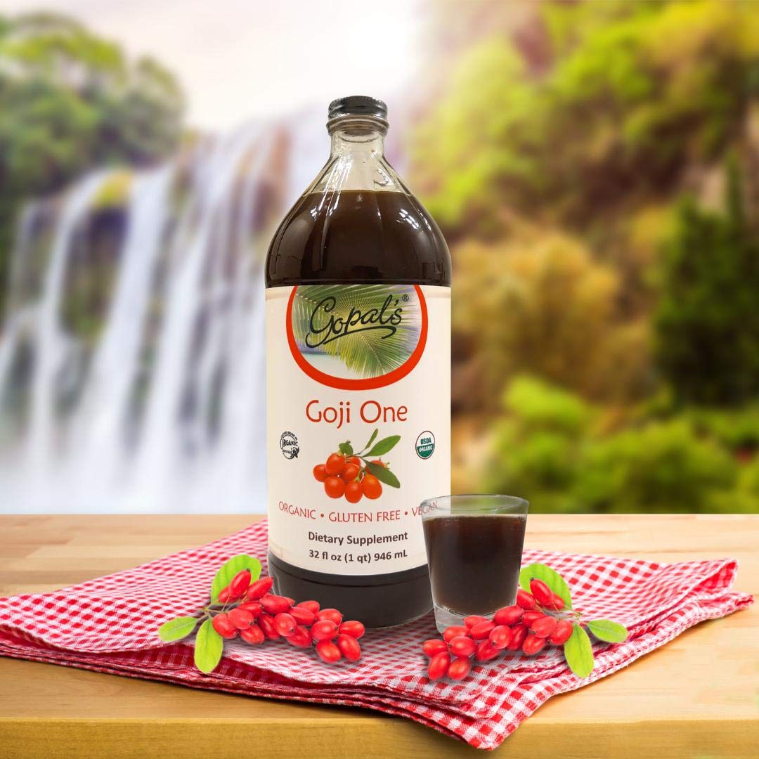 Gopal's Goji One product label communicates organic, vegan attributes clearly.