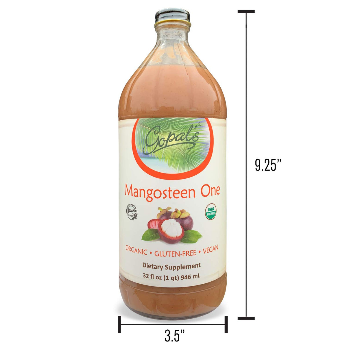Gopal's Mangosteen One on a store shelf signals gluten-free and vegan-friendly beverage options.