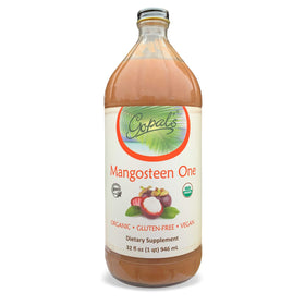 Gopal's Mangosteen One juice bottle, 32oz, gluten-free and vegan, ready to enjoy.