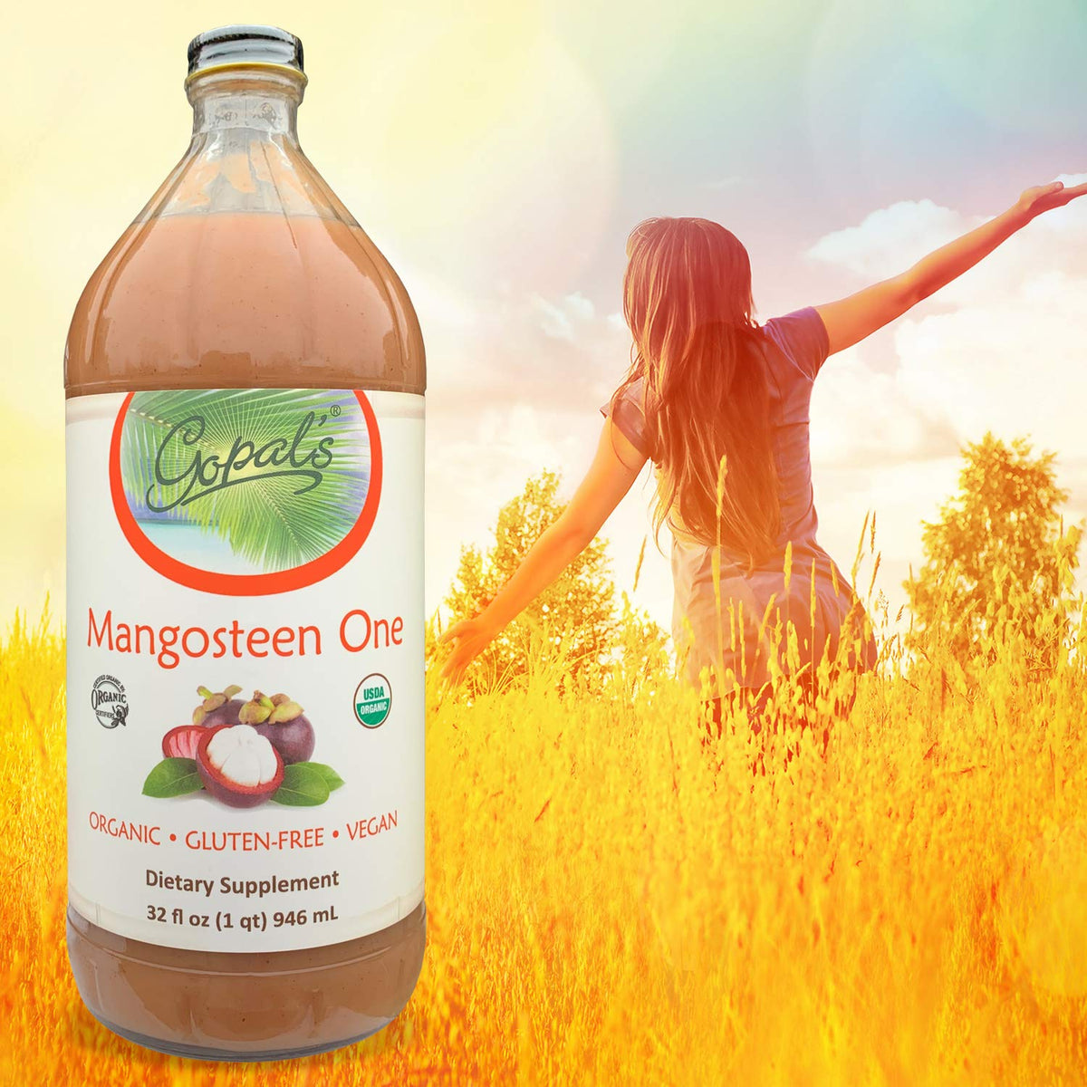 Gopal's Mangosteen One closeup label highlights xanthones and antioxidant-rich profile.