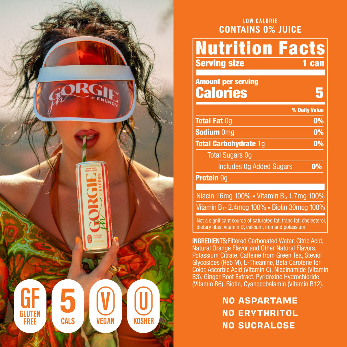 GORGIE Jaclyn Hill Orange Twist label highlights natural ingredients and caffeine.