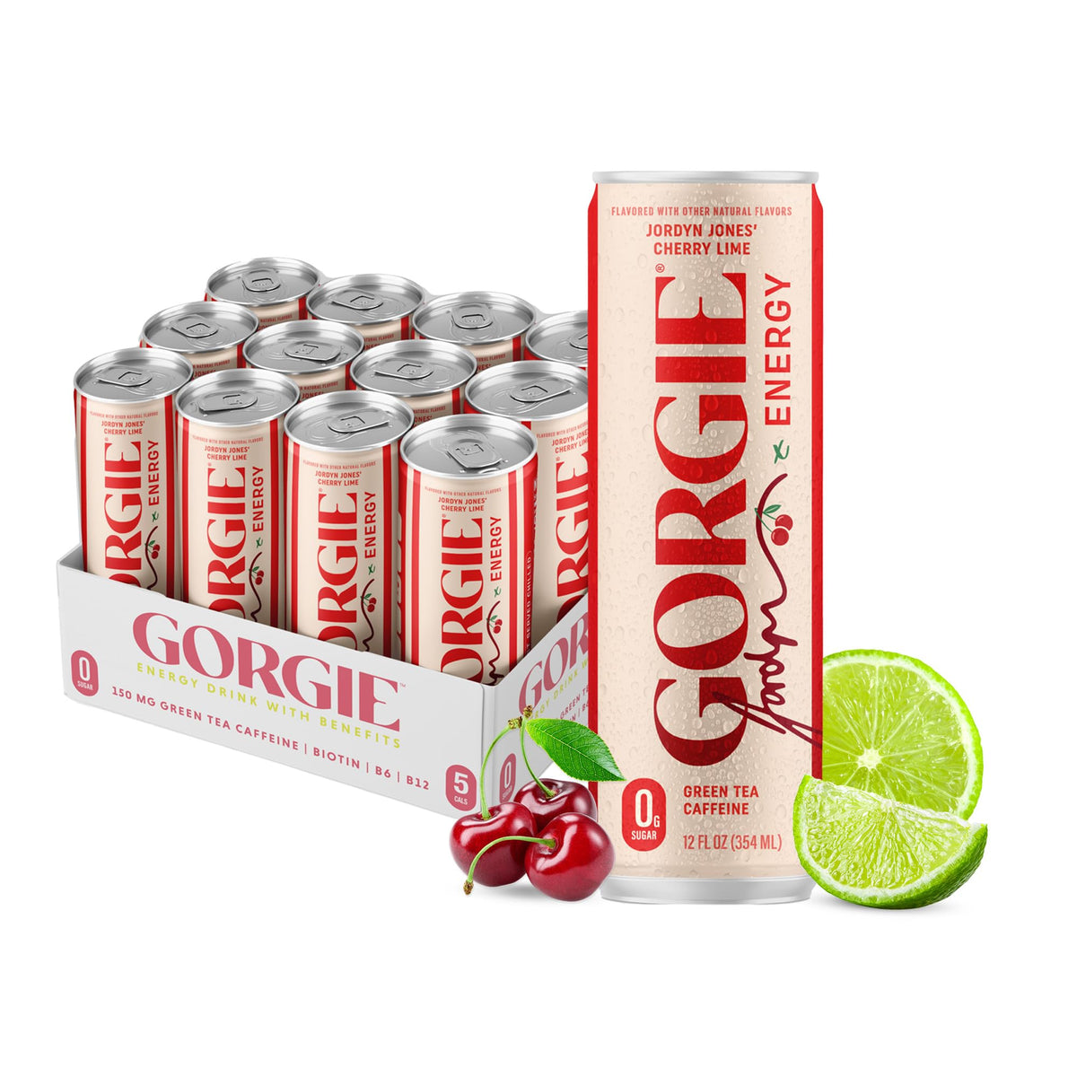 GORGIE Jordyn Jones Cherry Lime energy drink can front view with sparkling citrus appeal.