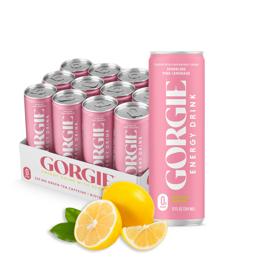 GORGIE Pink Lemonade energy drink can front view showing brand and label
