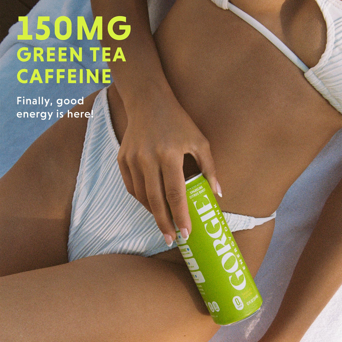 GORGIE Citrus Burst bottle highlights 150 mg green tea caffeine for focused daytime energy.
