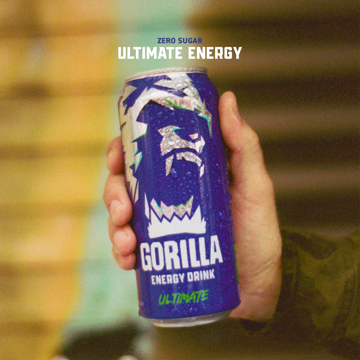 Gorilla Energy can in hand for on the go energy.
