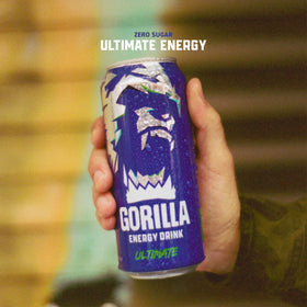 Gorilla Energy can in hand for on the go energy.