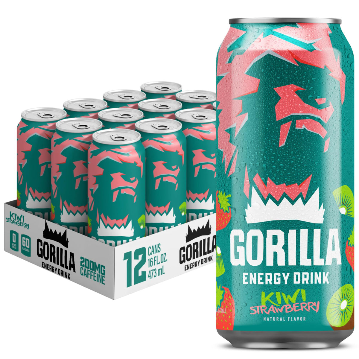 Gorilla Energy Kiwi Strawberry can front with bold flavor and no added sugar