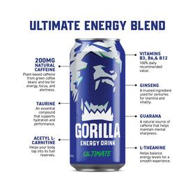 Gorilla Energy Kiwi Strawberry can highlights natural caffeine and bold taste.