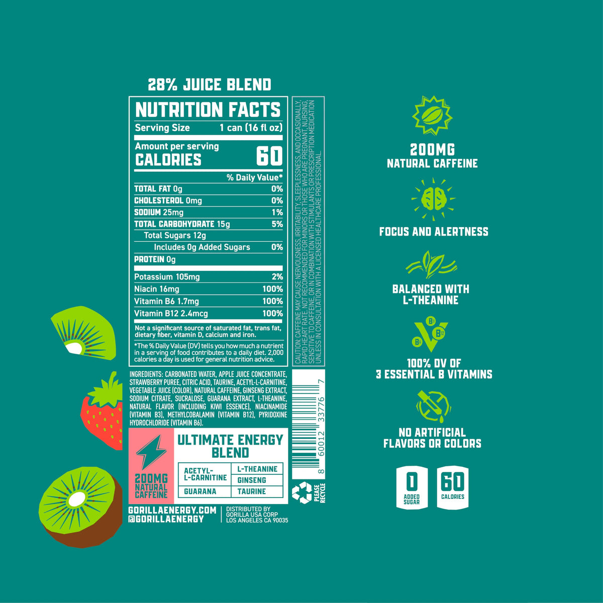 Gorilla Energy Kiwi Strawberry label close-up highlights natural caffeine source
