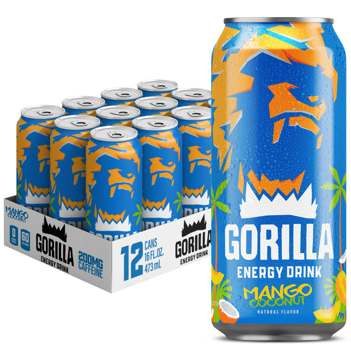 Gorilla Energy Mango Coconut can showing natural caffeine for daytime focus