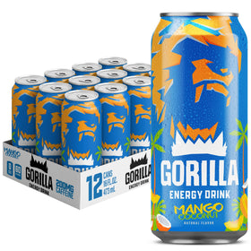 Gorilla Energy Mango Coconut can showing natural caffeine for daytime focus