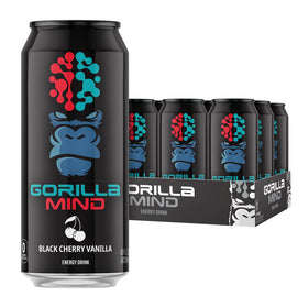 Gorilla Mind Energy black cherry vanilla bottle front showing sugar-free energy boost