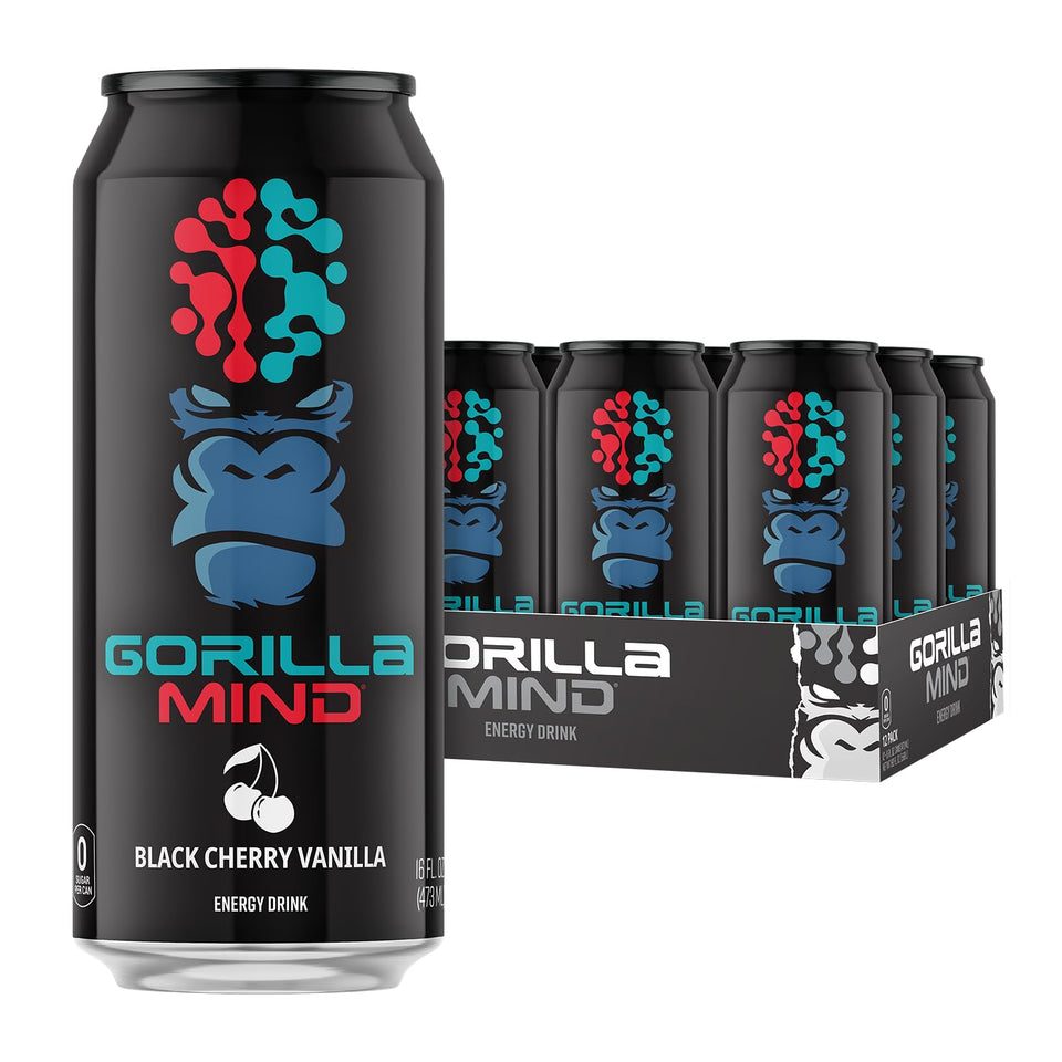 Gorilla Mind Energy black cherry vanilla bottle front showing sugar-free energy boost