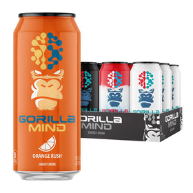 Gorilla Mind Energy Drink bottle front shows logo and sugar-free promise for crisp energy