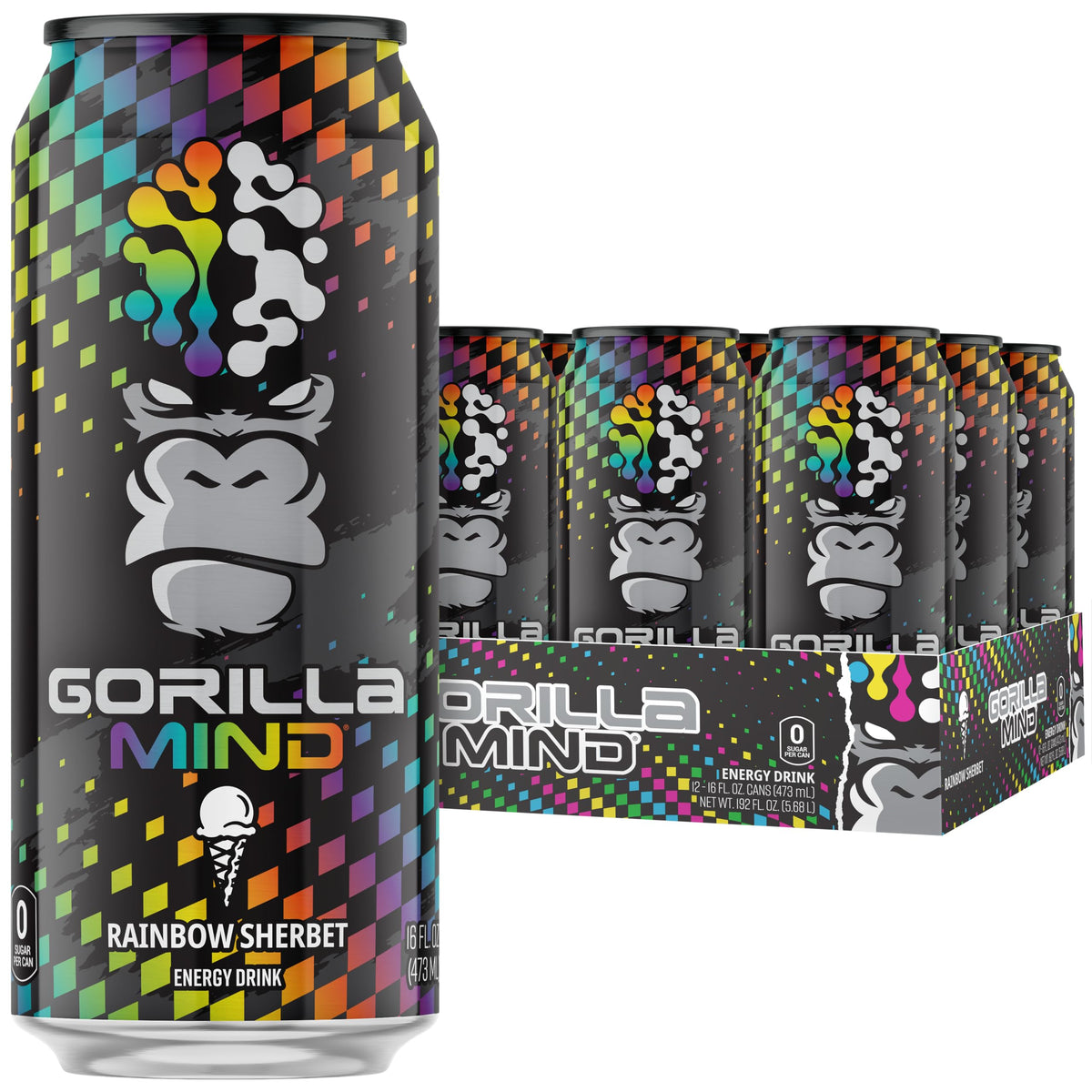 Gorilla Mind Energy Drink can in Rainbow Sherbet boosts alertness with clean energy.