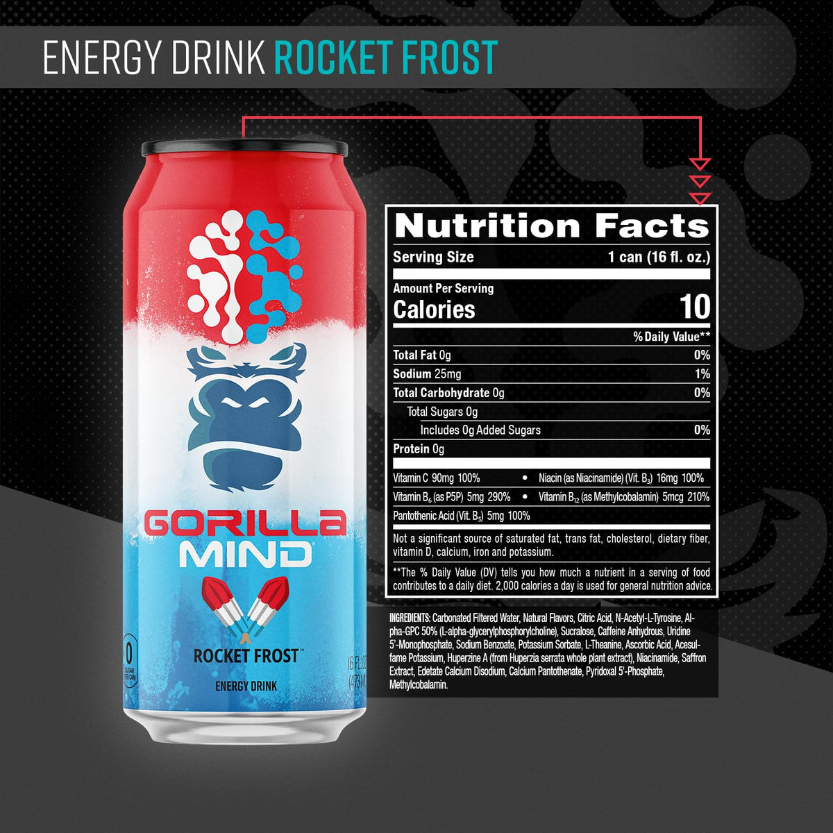 Gorilla Mind Energy Drink can Rocket Frost shows bold flavor for quick focus.