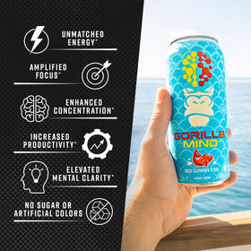 Gorilla Mind Energy Drink packaging Rocket Frost 12-pack signals value.