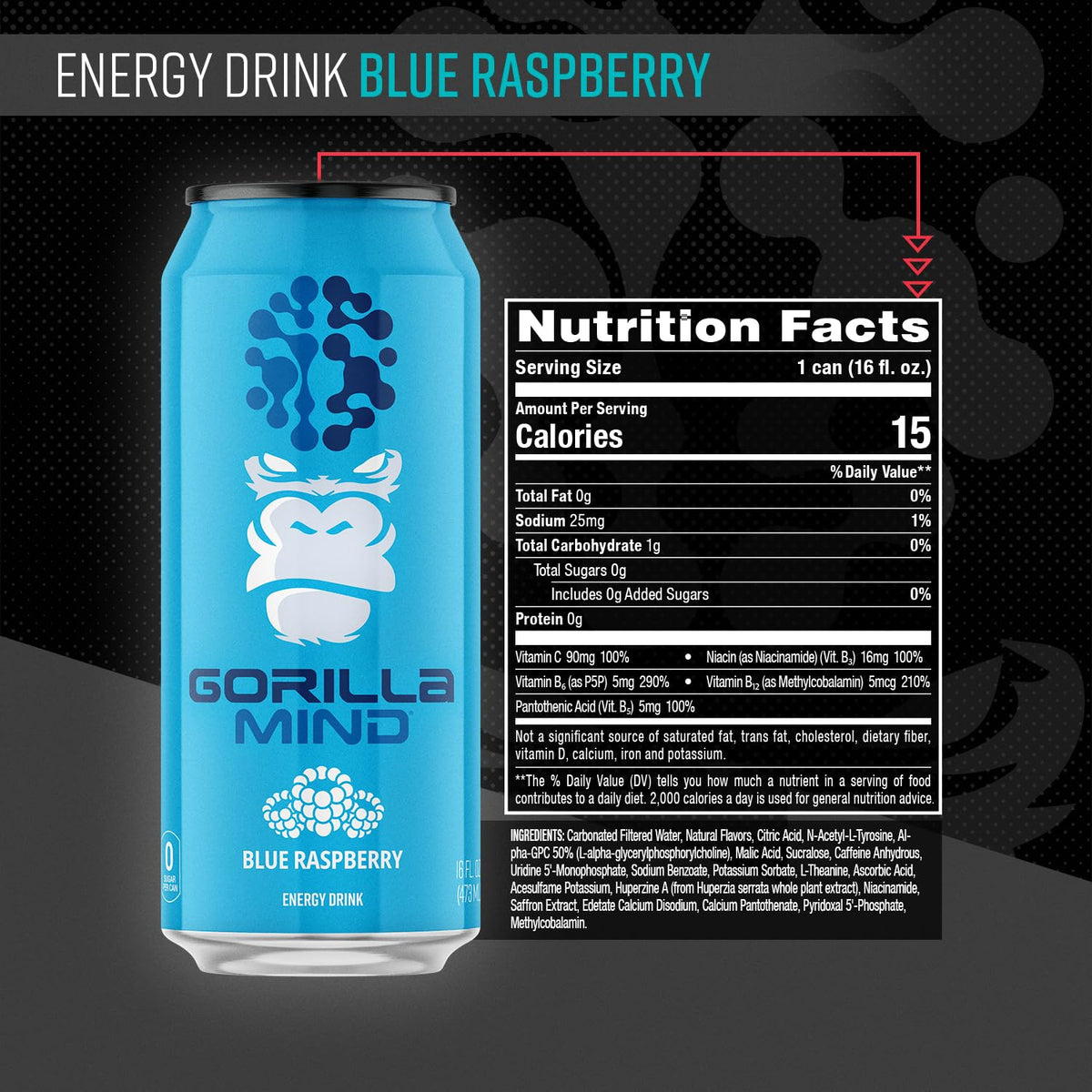 Gorilla Mind Energy ingredients close-up showing a focus-support nootropic blend.
