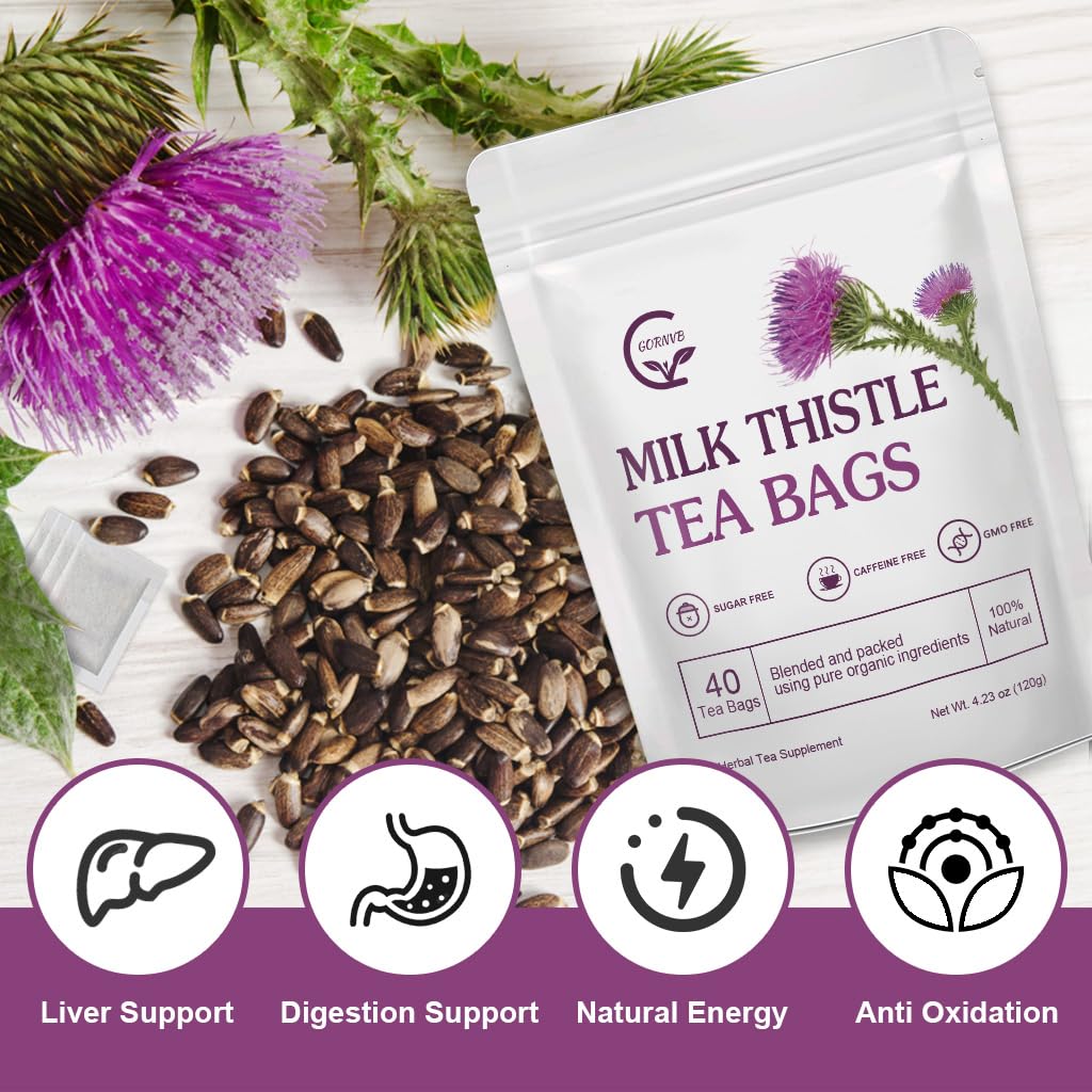 GORNVB milk thistle tea bags in a cup with floral earthy infusion.