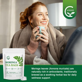 GORNVB Moringa tea label detail highlighting natural, GMO-free ingredients