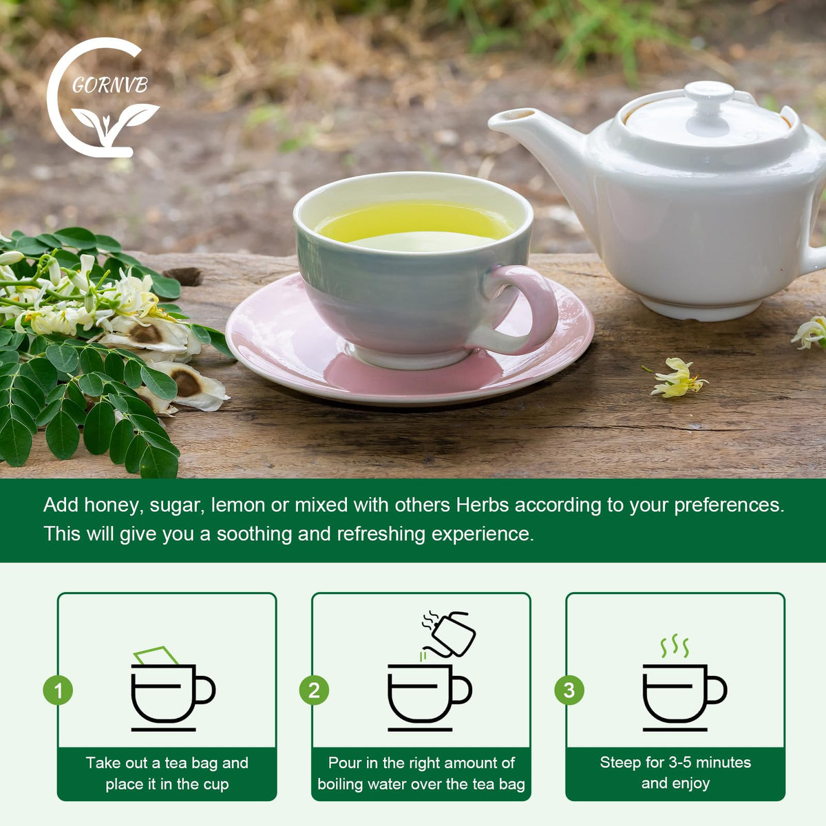 GORNVB Moringa tea packaging box highlighting 40 bags