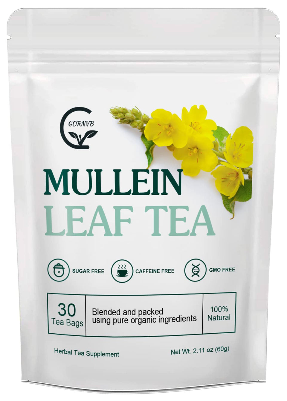 GORNVB Mullein Leaf Tea Bags packaging with natural ingredients.