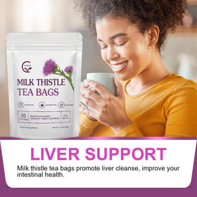 GORNVB Milk Thistle Tea Bags steeped in cup for a soothing, caffeine-free sip.