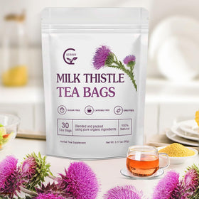 GORNVB Organic Milk Thistle Tea Bags label notes caffeine-free and gluten-free.