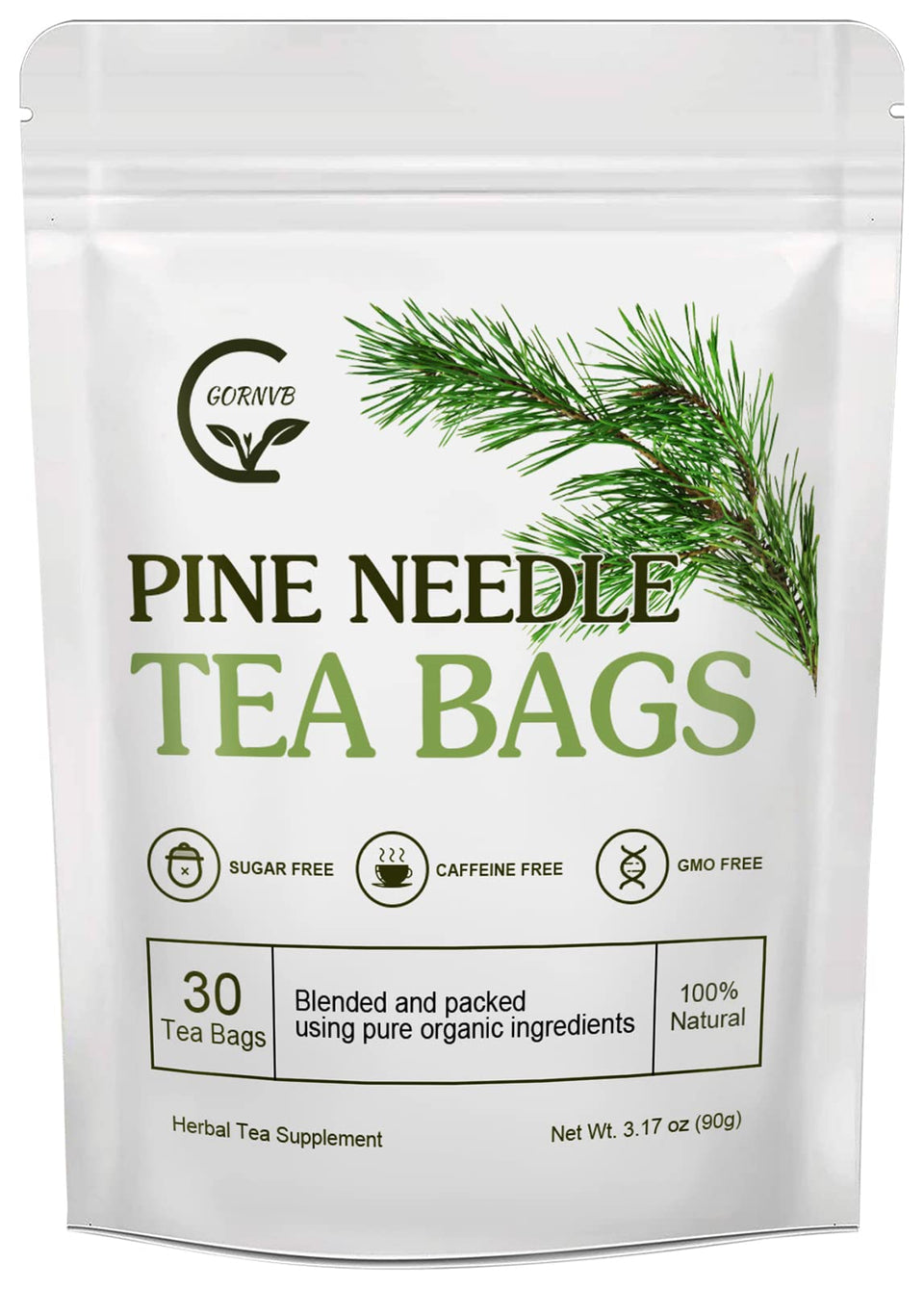 GORNVB Organic Pine Needle Tea Bags packaging, natural and caffeine-free