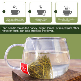 GORNVB Steeped pine needle tea cup with warm amber liquid
