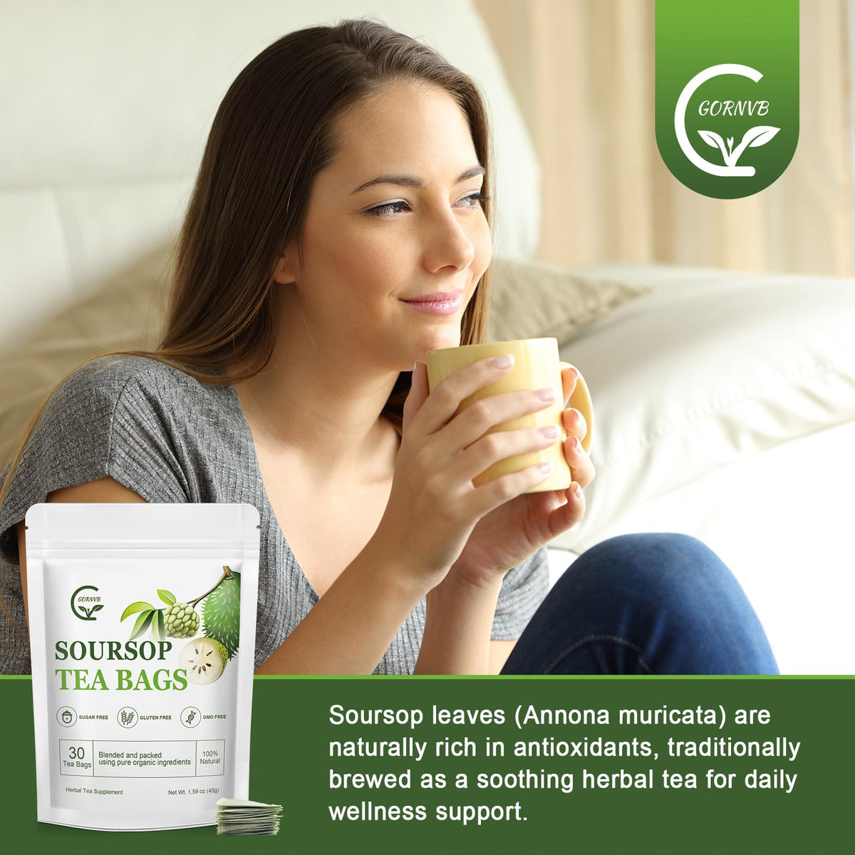 GORNVB ready-to-steep cup showing a soothing, caffeine-free tea moment.