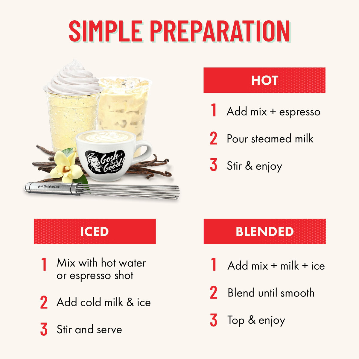 Gosh That’s Good original vanilla bean flavor bottle suggests versatile use in drinks.